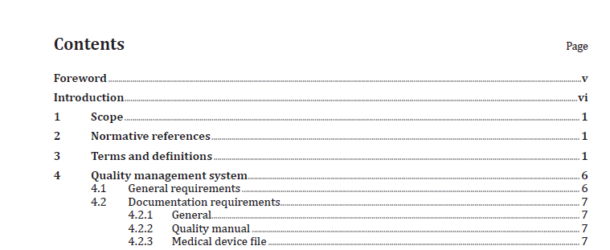 ISO 13485:2016 Standard- Table of contents
